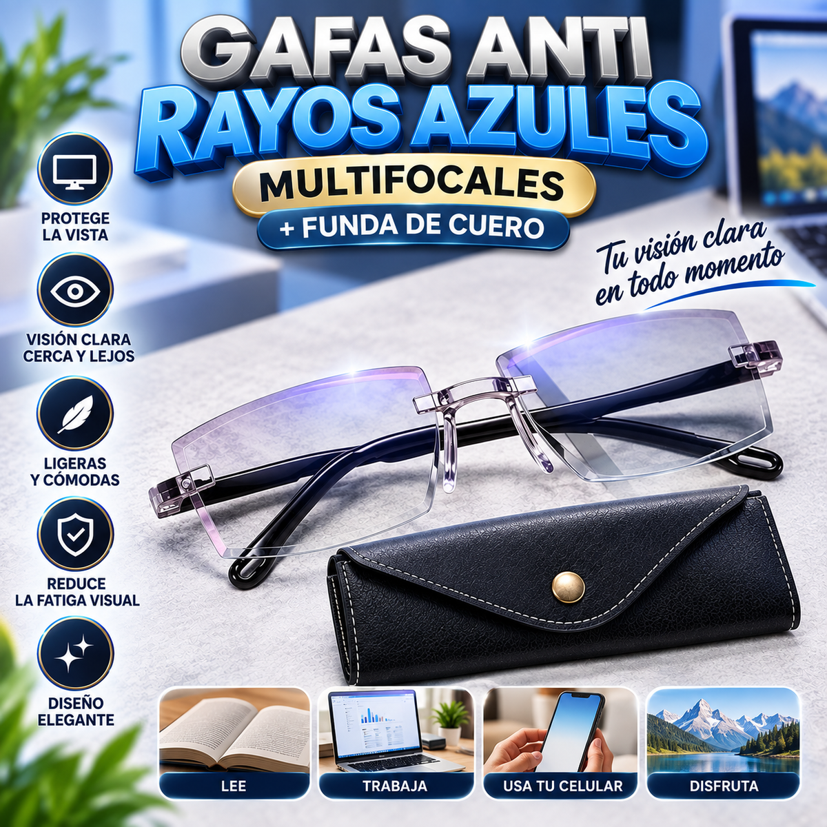 Gafas Anti Rayos Azules Multifocales + Funda de Cuero
