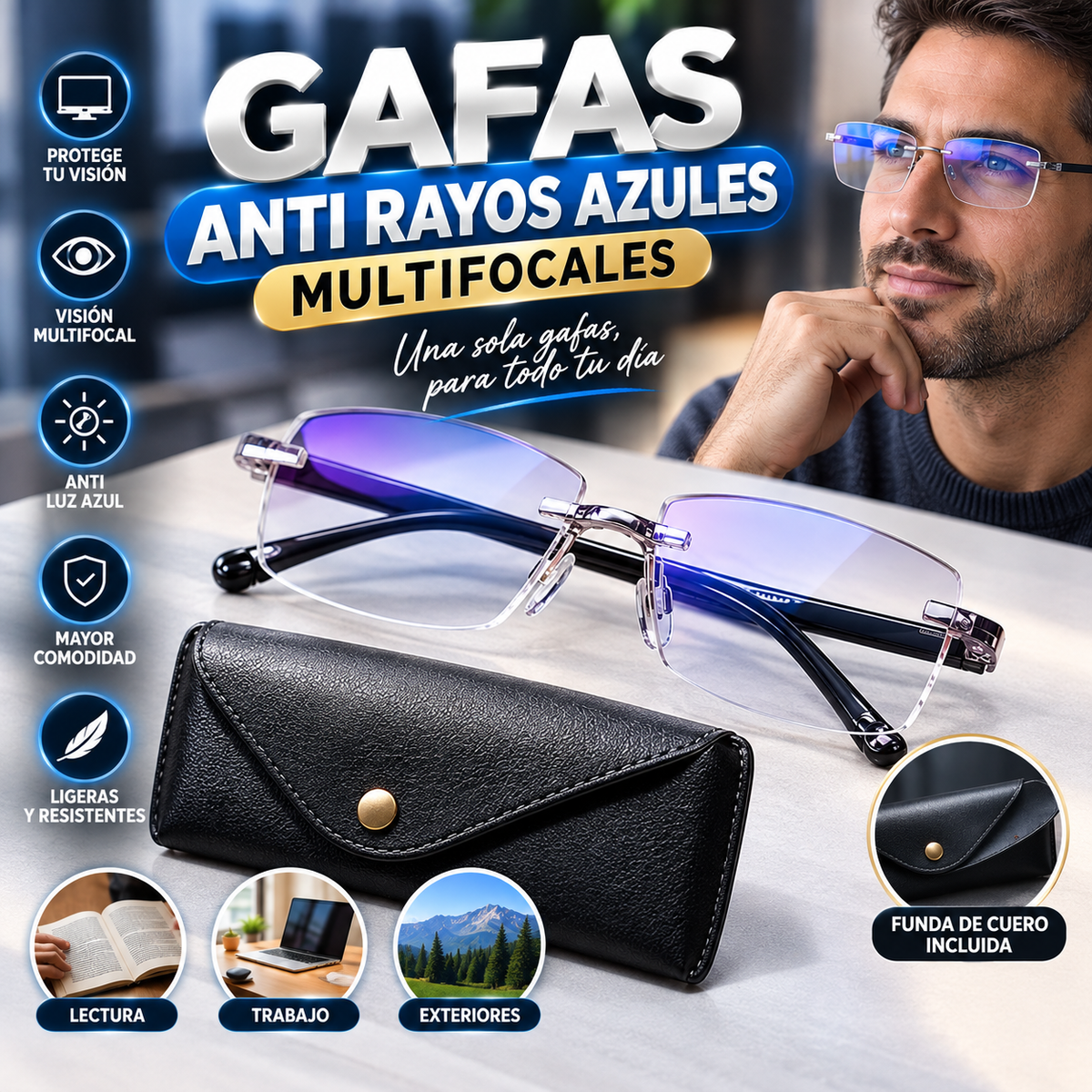 Gafas Anti Rayos Azules Multifocales + Funda de Cuero