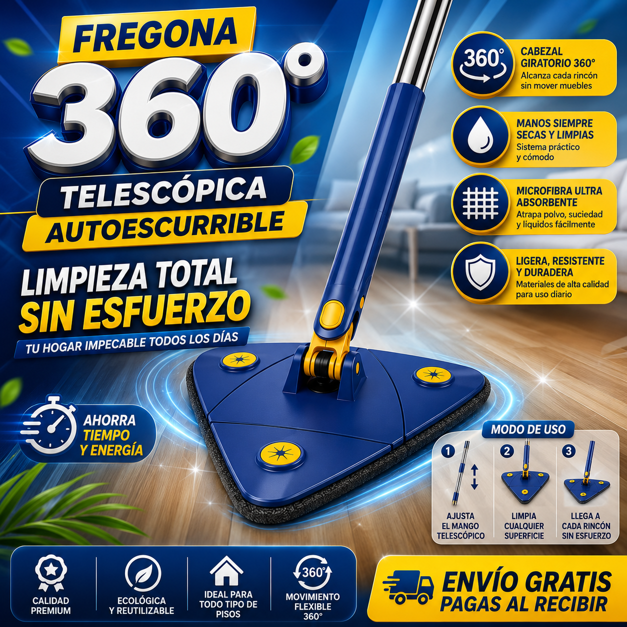 Fregona de Limpieza telescópica 360° autoescurrible